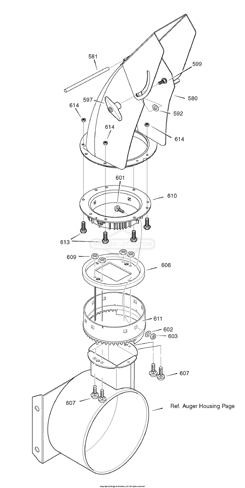 Discharge Chute Diagram and Parts List for C950-52848-0 (1695561)(2008) Briggs and Stratton Snow Blower